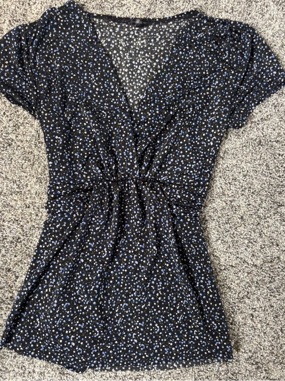 Women's Black Floral Print V-Neck Top - Blue Accent